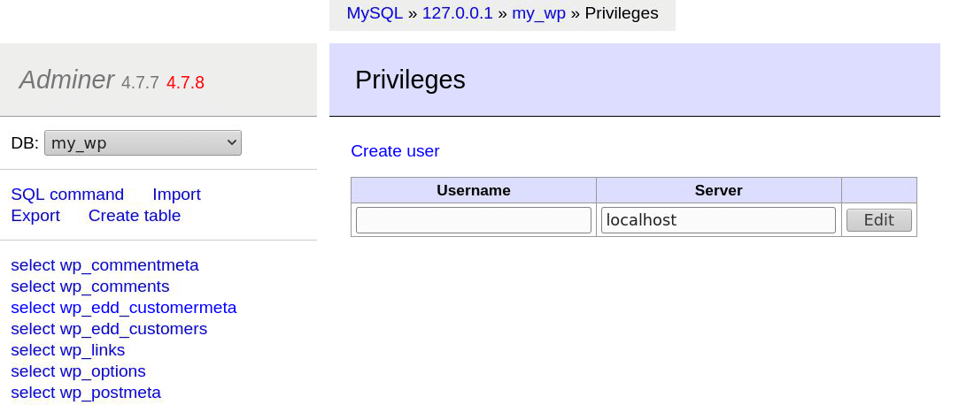 Adminerでデータベースユーザーを作成する