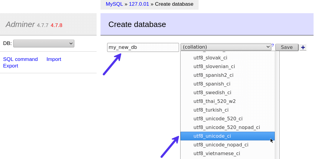 データベース名と照合タイプを設定してデータベースを作成します