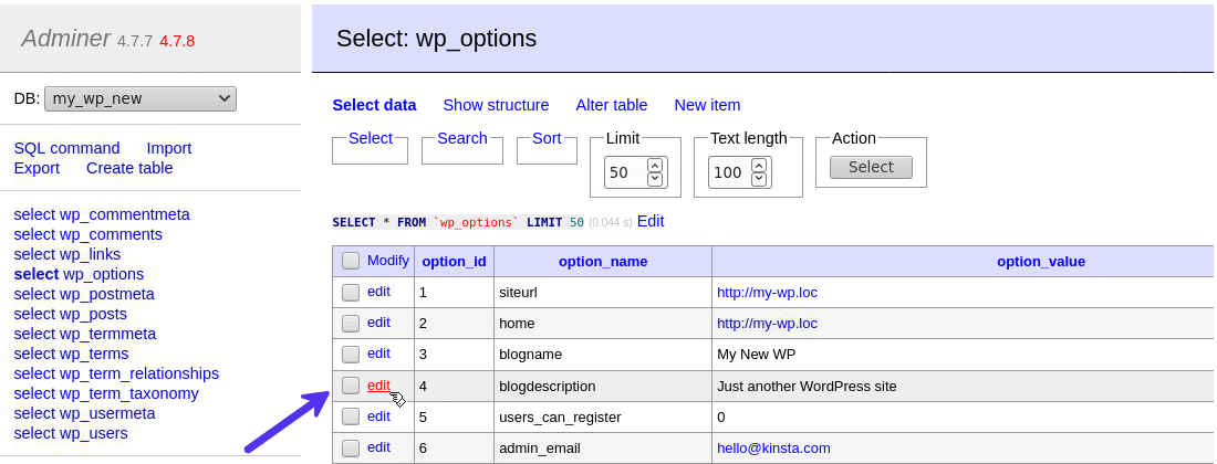 Adminerを使用して既存のデータベースレコードを編集する