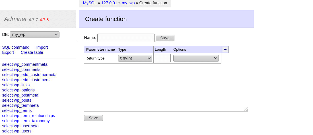 Adminerを使用して他の多くのSQL機能を簡単に作成する