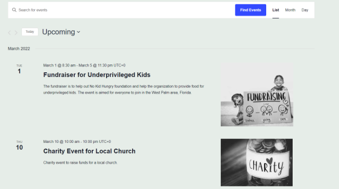Pratinjau halaman acara Events page preview