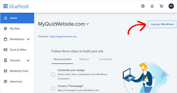 Dasbor Bluehost - masuk ke WordPress Bluehost Dashboard - log in to WordPress