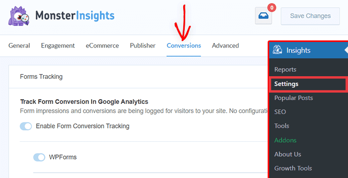 Ustawienia MonsterInsights - zakładka konwersji MonsterInsights settings - conversions tab