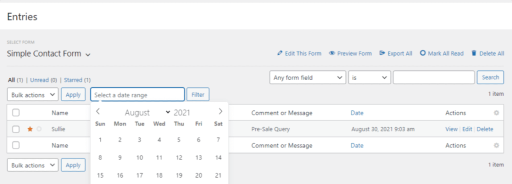 รายการแบบฟอร์ม WPForms WPForms form entries