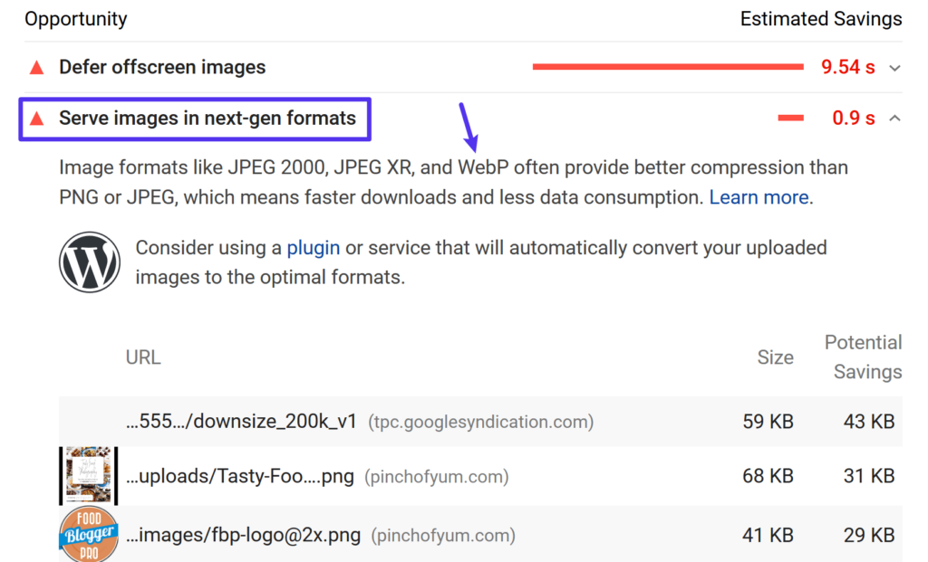 Google PageSpeed Insights แนะนำให้ใช้ภาพ WebP