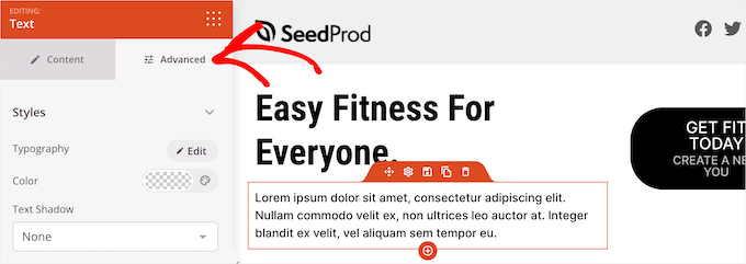 คลิกแท็บขั้นสูงในตัวสร้าง SeedProd Click advanced tab in SeedProd builder