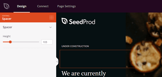 ใช้ตัวเลื่อนเพื่อปรับความสูงของบล็อก SeedProd Spacer Use the slider to adjust the height of the SeedProd Spacer block