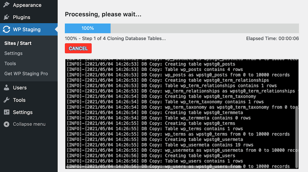 ขั้นตอนการโคลนของปลั๊กอิน WP Staging The WP Staging plugin’s cloning procedure.