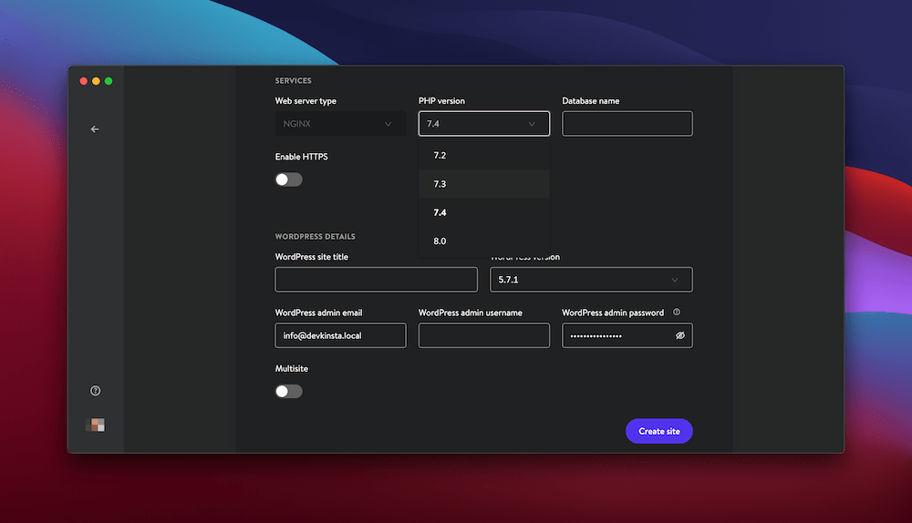 การตั้งค่าเซิร์ฟเวอร์ของ DevKinsta DevKinsta’s server settings.