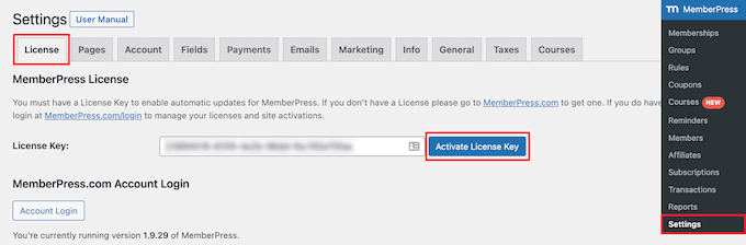 Activer la clé de licence MemberPress Activate MemberPress license key