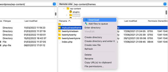 การใช้ FTP เพื่อดาวน์โหลดธีมปัจจุบันเป็นข้อมูลสำรอง Using FTP to Download the Current Theme as a Backup