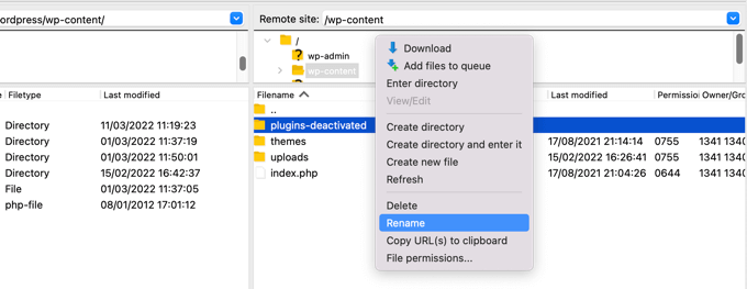 การใช้ FTP เพื่อเปลี่ยนชื่อโฟลเดอร์ปลั๊กอิน Using FTP to Rename the Plugins Folder