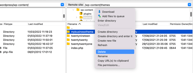 การใช้ FTP เพื่อลบธีมปัจจุบัน Using FTP to Delete the Current Theme