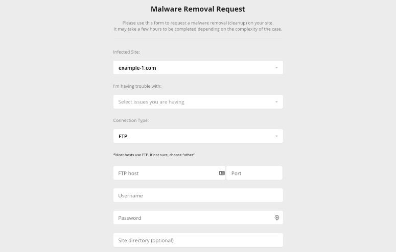 Formular de solicitare de eliminare a programelor malware în Sucuri - IsItWP - Free WordPress Theme Detector Malware removal request form in Sucuri