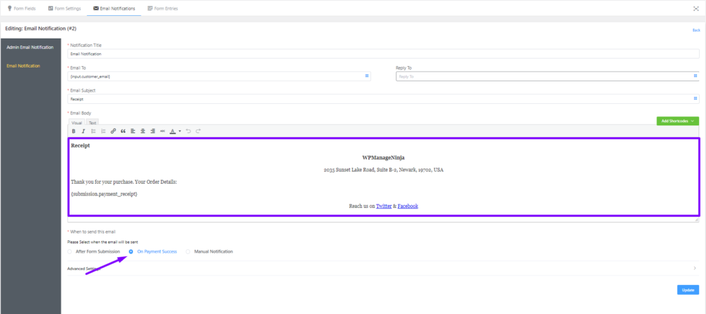 การแจ้งเตือนทางอีเมล, การปรับแต่งการแจ้งเตือนทางอีเมล wppayform