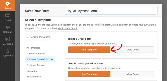 選擇賬單/訂單模板 Select the Billing / Order Form Template