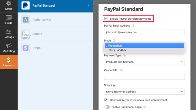 選中啟用 PayPal 標準付款框 Check the Enable PayPal Standard Payments Box
