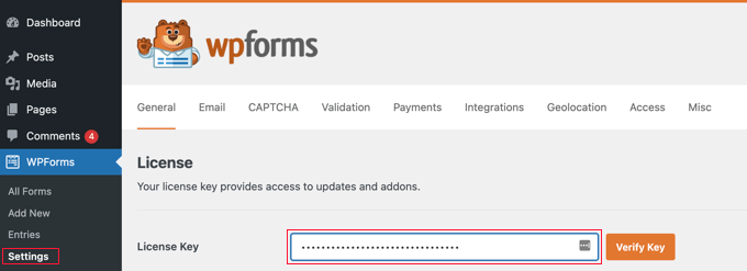 輸入您的 WPForms 許可證密鑰 Enter Your WPForms License Key