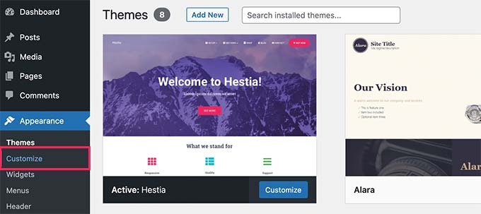Starten des WordPress-Theme-Customizers Launching WordPress theme customizer