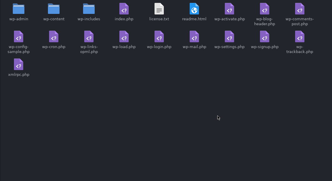 Una lista de archivos y directorios de WordPress en un administrador de archivos gráfico.