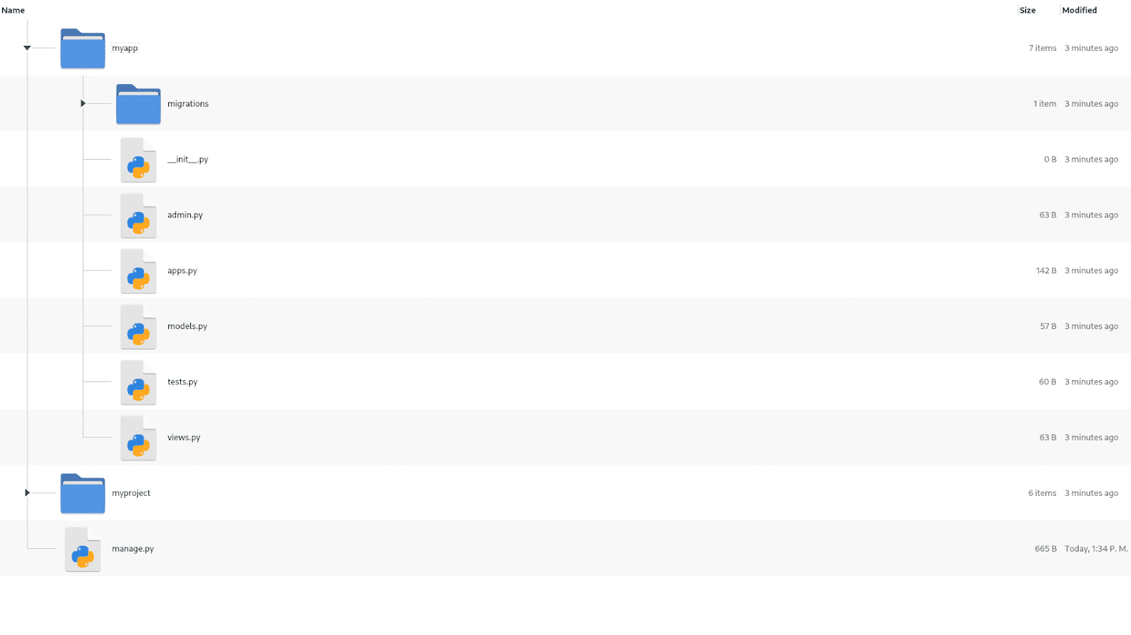 La estructura de archivos de la aplicación Django actualizada en un administrador de archivos gráfico.