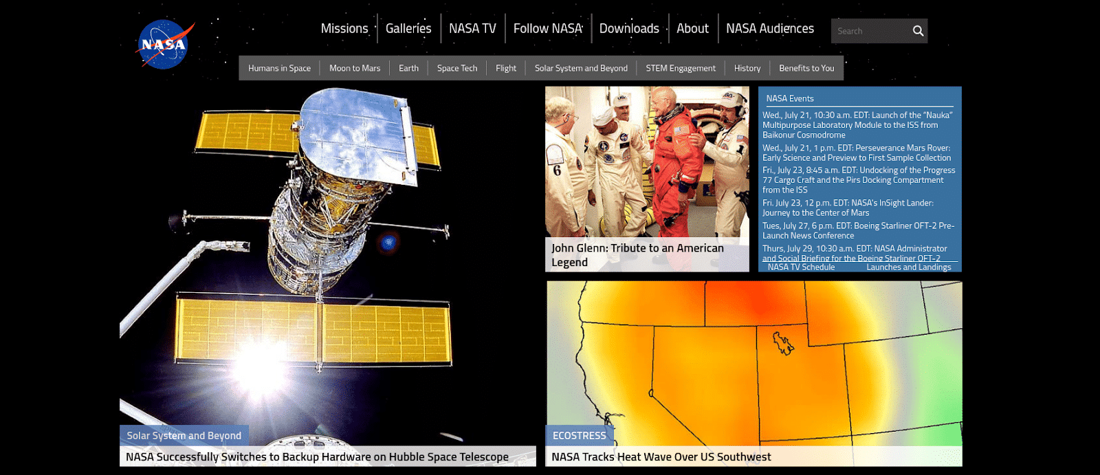Captura de pantalla de la página de inicio de la NASA.