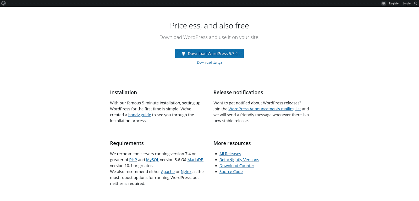 Captura de pantalla de la página de descarga de WordPress.