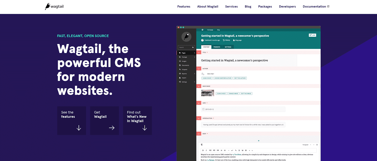 Captura de pantalla de la página de inicio de Wagtail CMS.