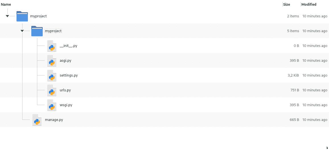 Estructura de archivos del proyecto Django en un administrador de archivos gráfico.