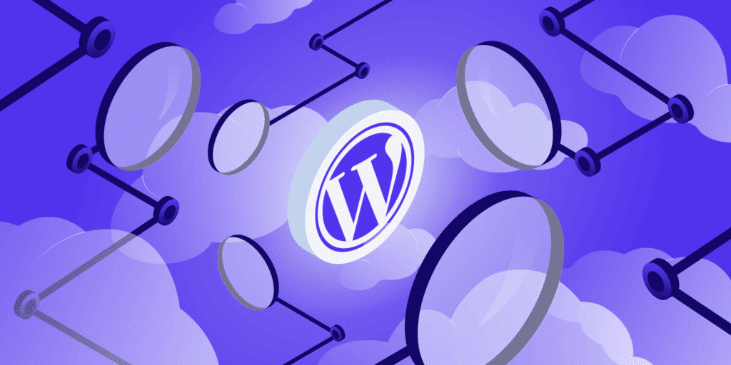 Una ilustración de lupas enfocadas en el logo de WordPress.