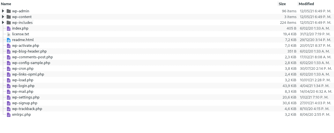 Mostrando la estructura de archivos de WordPress.