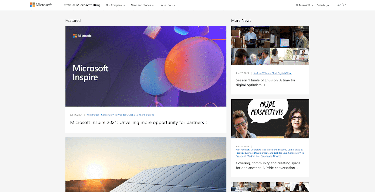 Captura de pantalla de la página de inicio del blog de Microsoft.