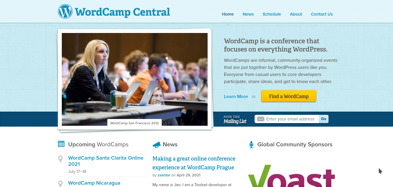 Captura de pantalla de la página de inicio de WordCamp.