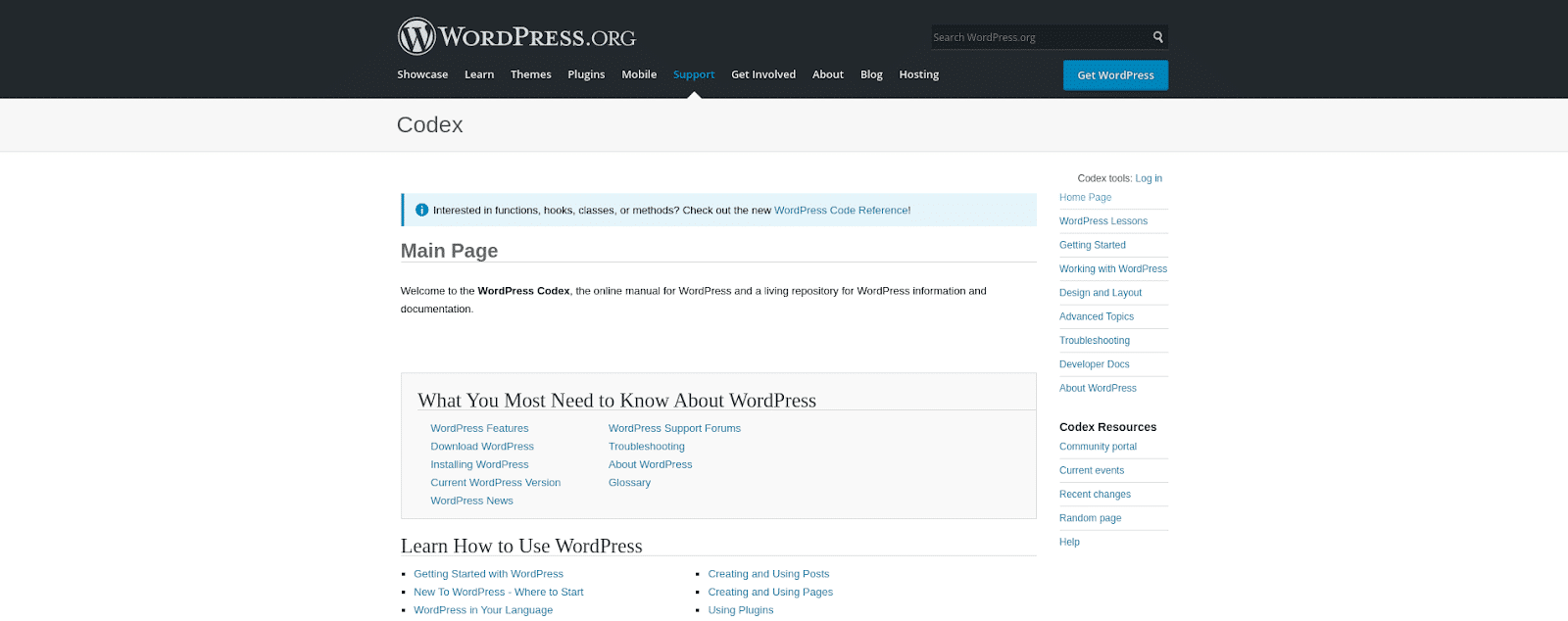 Captura de pantalla de la página del Codex de WordPress.