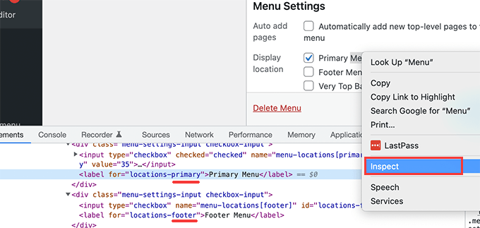 Найти название местоположения меню Find menu location name