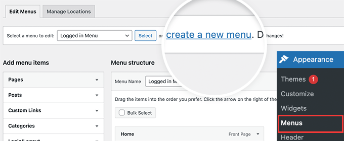 Создать новое меню Create new menu