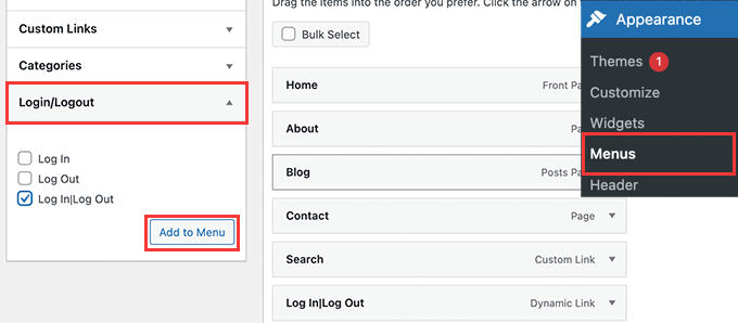 Добавьте ссылку для входа или выхода в определенное меню WordPress. Add login or logout link to specific WordPress menu