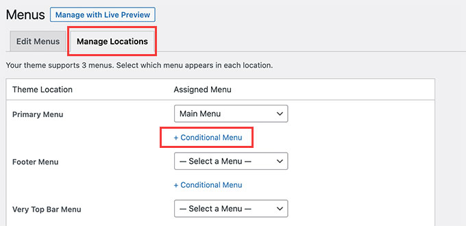 Добавить условное меню Add a conditional menu