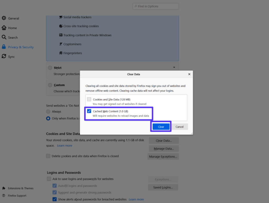 Löschen des Cache des Firefox-Browsers.