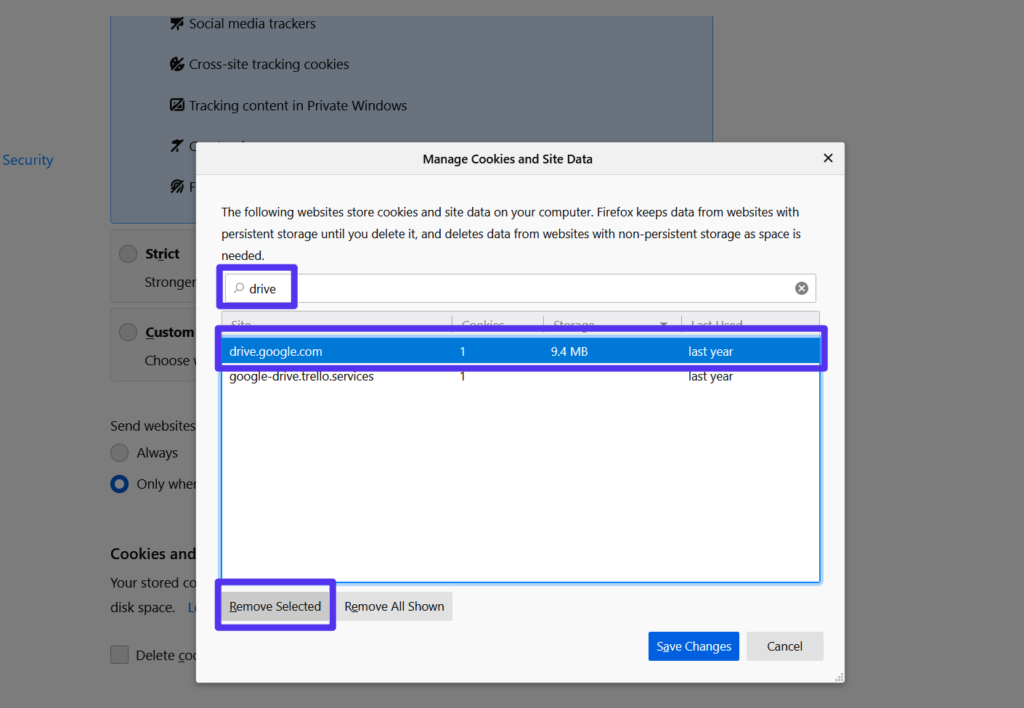 So löschen Sie die Cookies einer einzelnen Website mit der Schaltfläche "Ausgewählte entfernen".