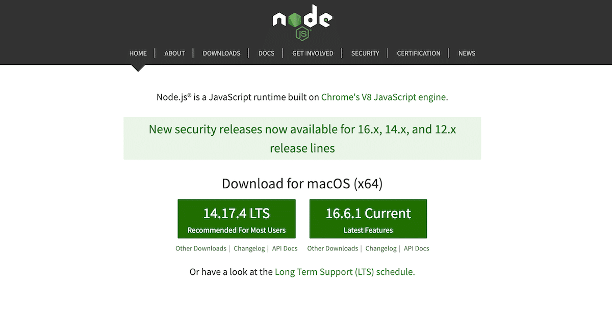 Скриншот домашней страницы сайта Node.js.
