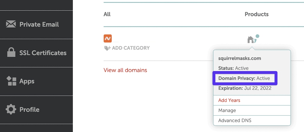 Namecheap 的懸停顯示。