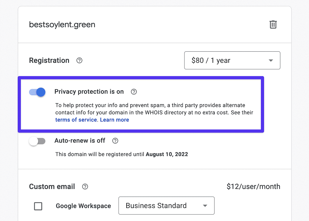 Google Domains 結帳，包含隱私保護。