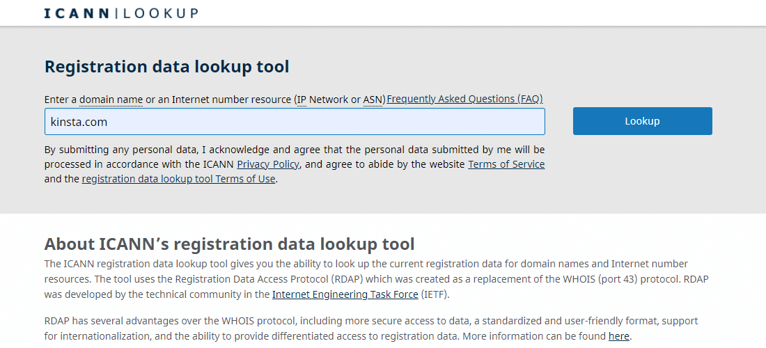 ICANN 查詢 WHOIS 數據庫網頁的屏幕截圖。