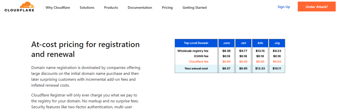 Cloudflare Registrar 官方頁面的屏幕截圖。