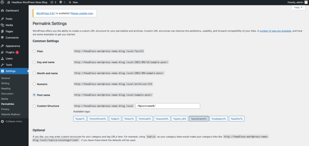 صفحة إعدادات WordPress Permalink.