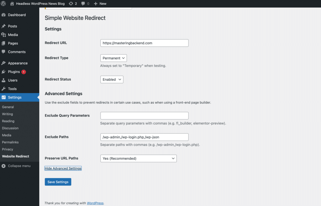 صفحة إعدادات البرنامج المساعد Simple Website Redirect.