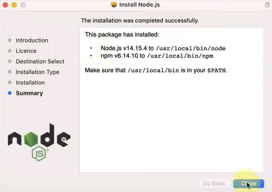 macOSでNode.jsインストーラーを閉じます。