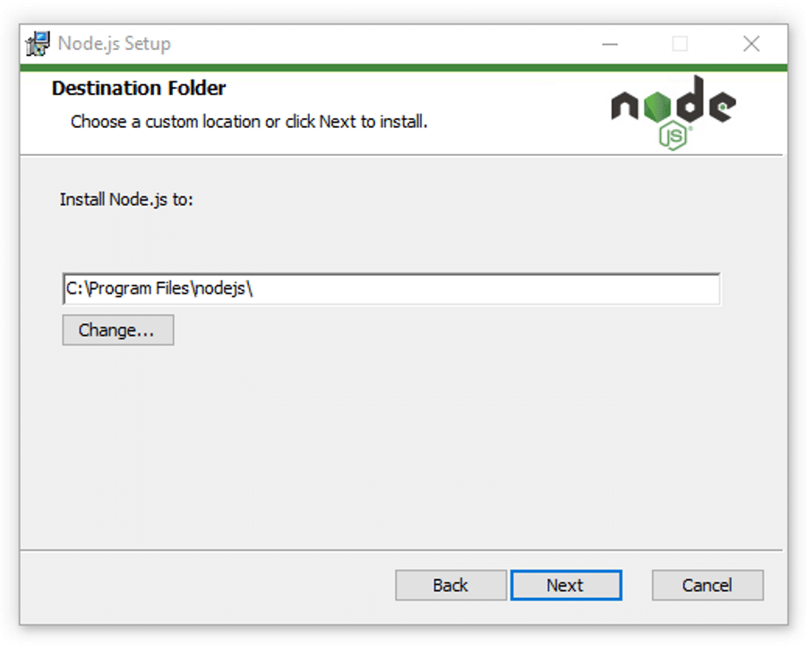 適切なNode.jsインストールフォルダーを選択します。