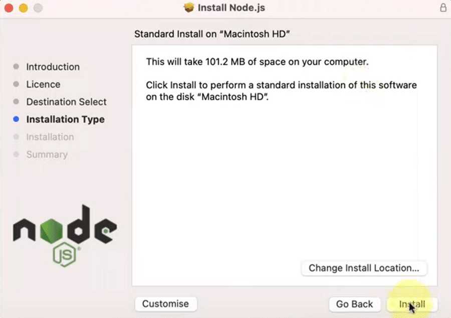 macOSでのNode.jsのインストール場所の選択。